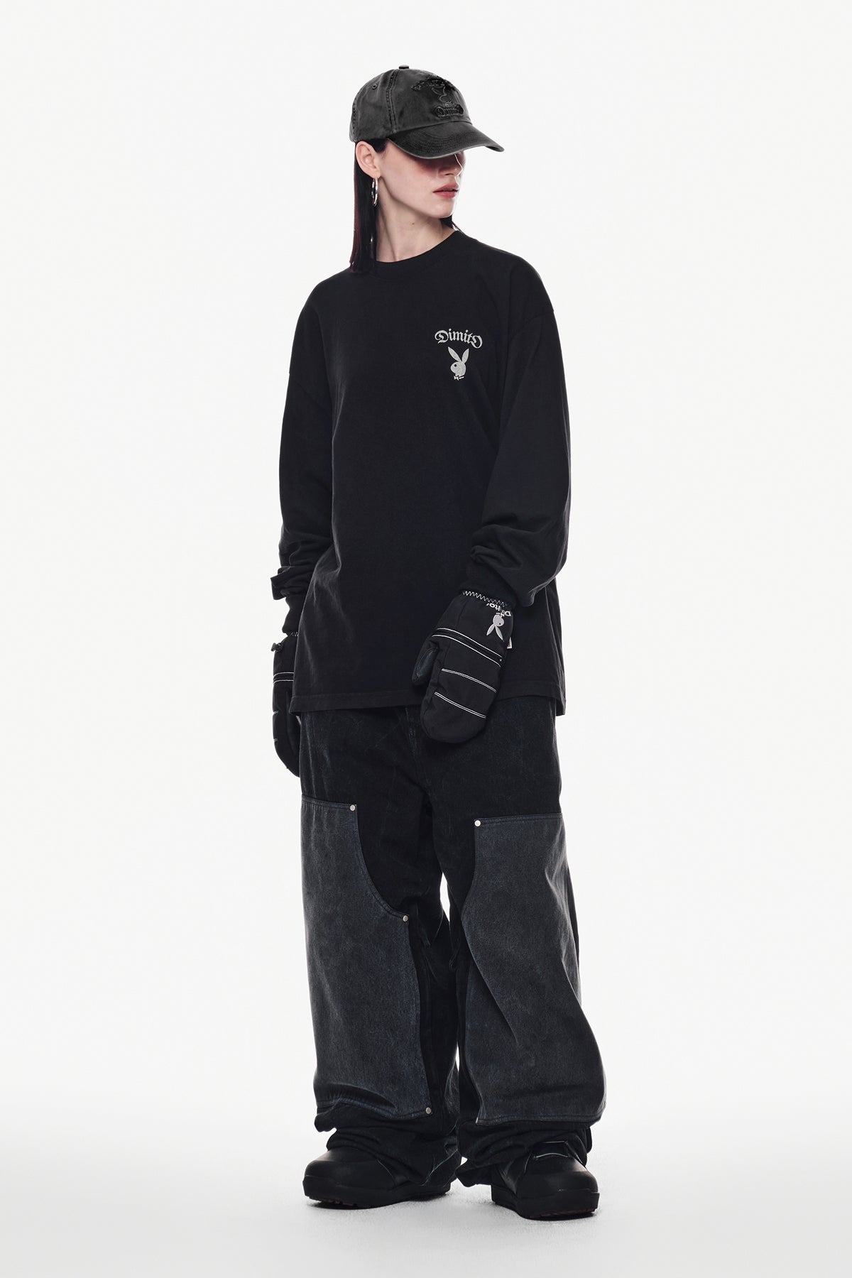 [INVITED] [PLAYBOY x DIMITO] DOUBLE KNEE DENIM PANTS (WIDE FIT LV.2) WASHED BLACK