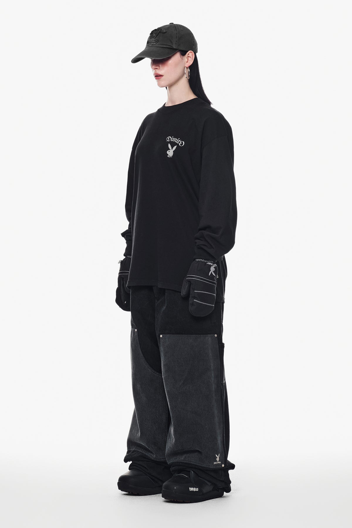 [INVITED] [PLAYBOY x DIMITO] DOUBLE KNEE DENIM PANTS (WIDE FIT LV.2) WASHED BLACK