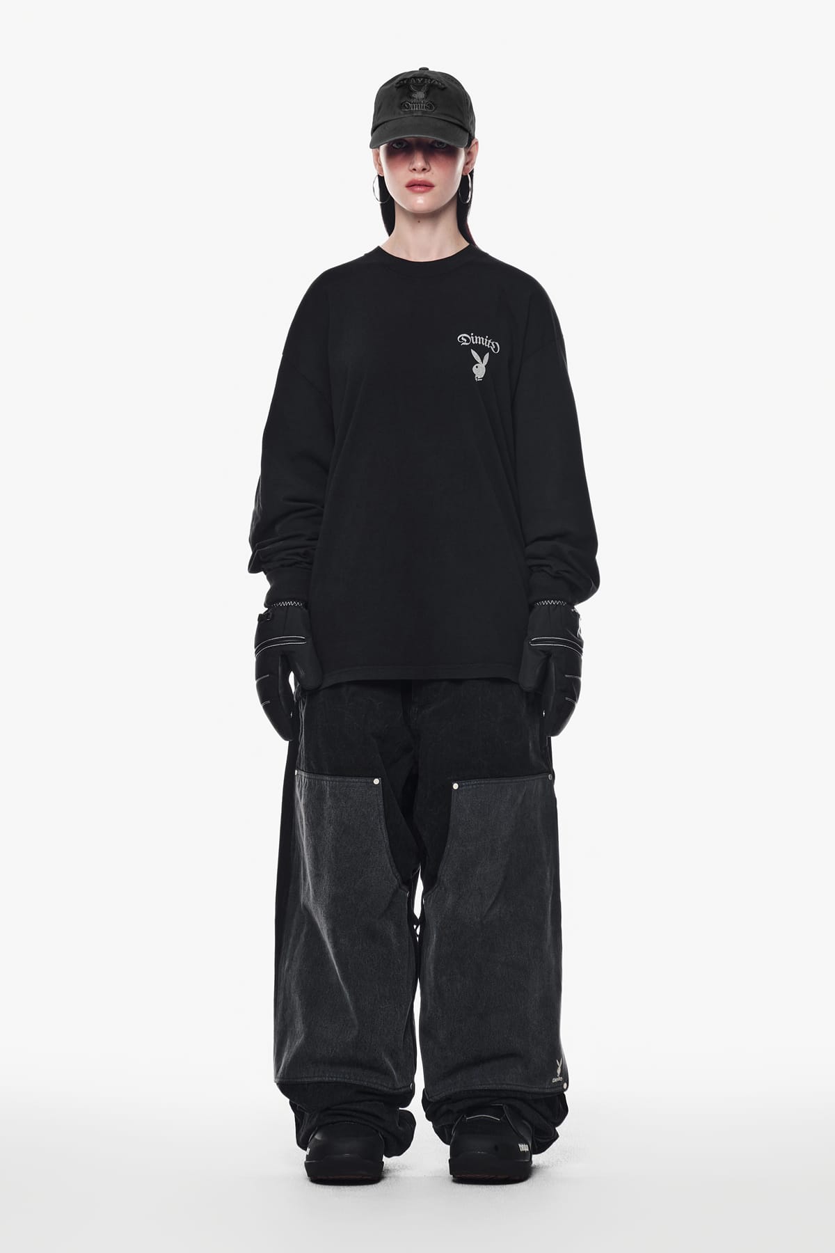 [INVITED] [PLAYBOY x DIMITO] DOUBLE KNEE DENIM PANTS (WIDE FIT LV.2) WASHED BLACK