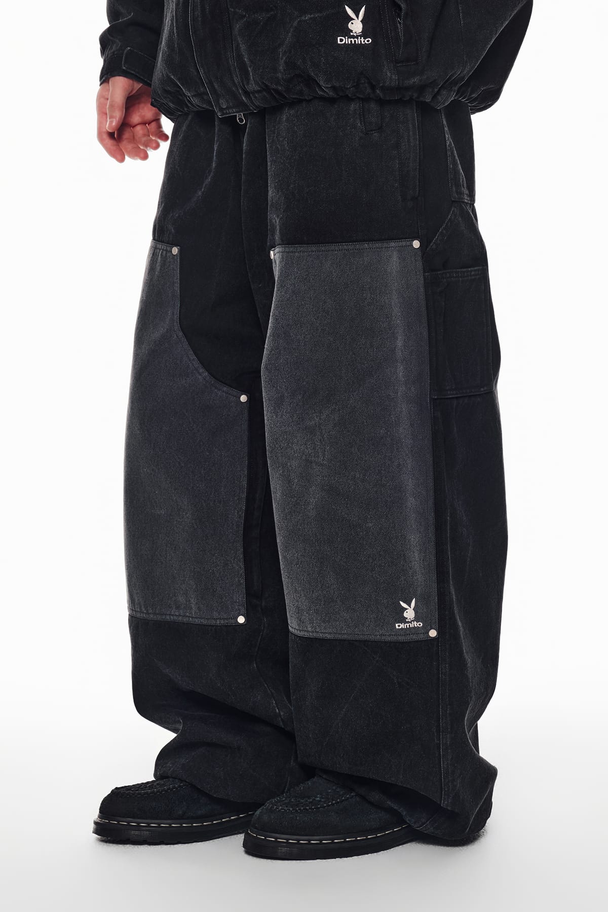 [INVITED] [PLAYBOY x DIMITO] DOUBLE KNEE DENIM PANTS (WIDE FIT LV.2) WASHED BLACK