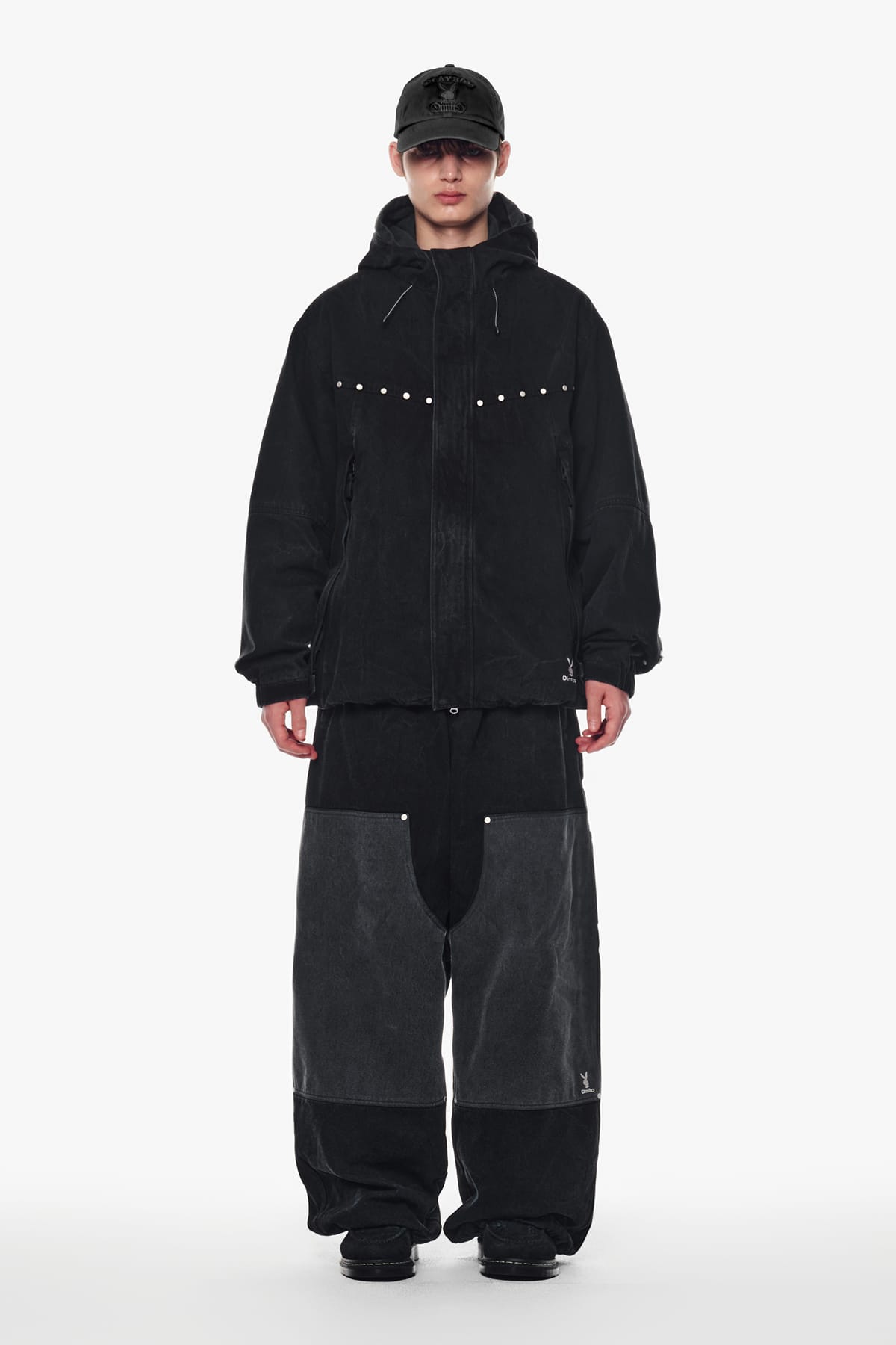 [INVITED] [PLAYBOY x DIMITO] DOUBLE KNEE DENIM PANTS (WIDE FIT LV.2) WASHED BLACK
