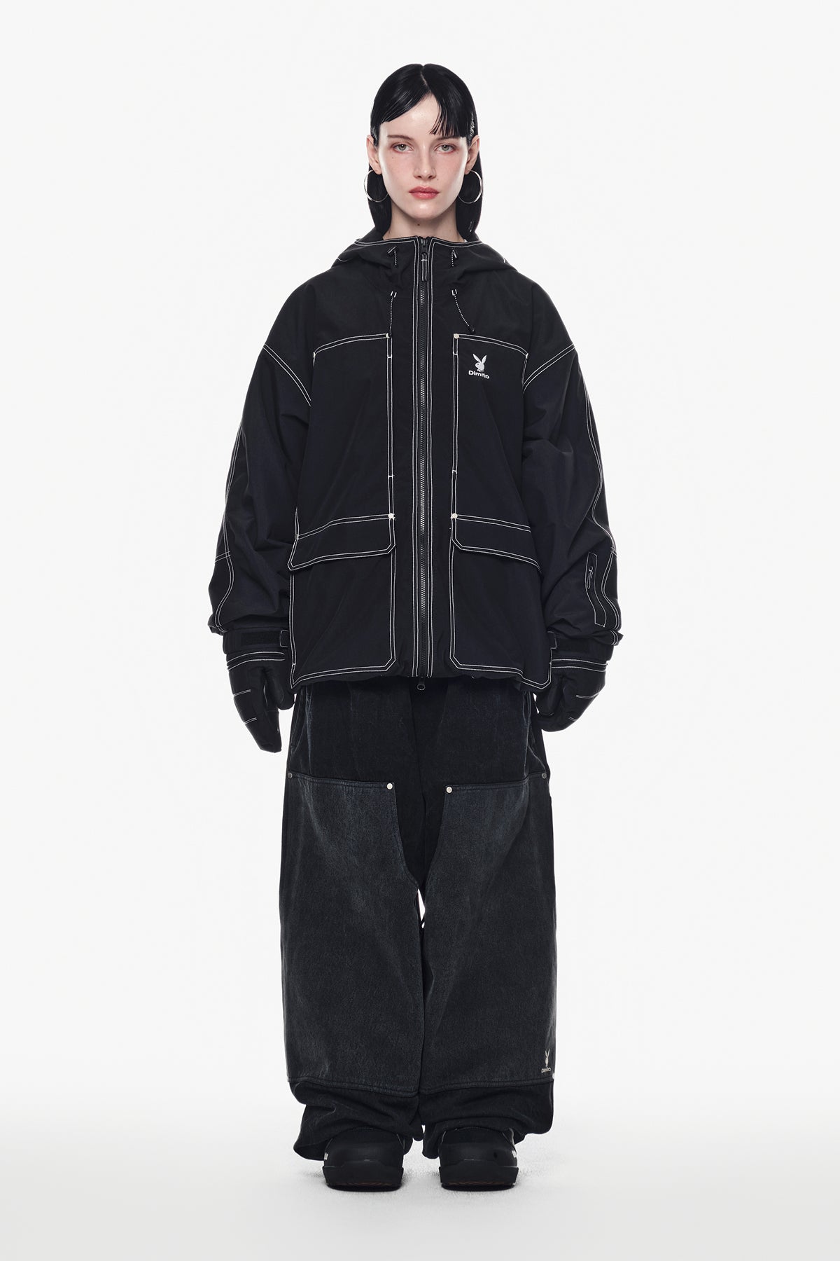 [INVITED] [PLAYBOY x DIMITO] DOUBLE KNEE DENIM PANTS (WIDE FIT LV.2) WASHED BLACK