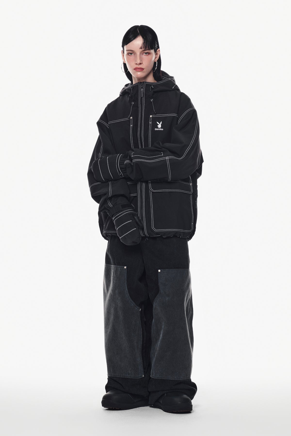 [INVITED] [PLAYBOY x DIMITO] DOUBLE KNEE DENIM PANTS (WIDE FIT LV.2) WASHED BLACK