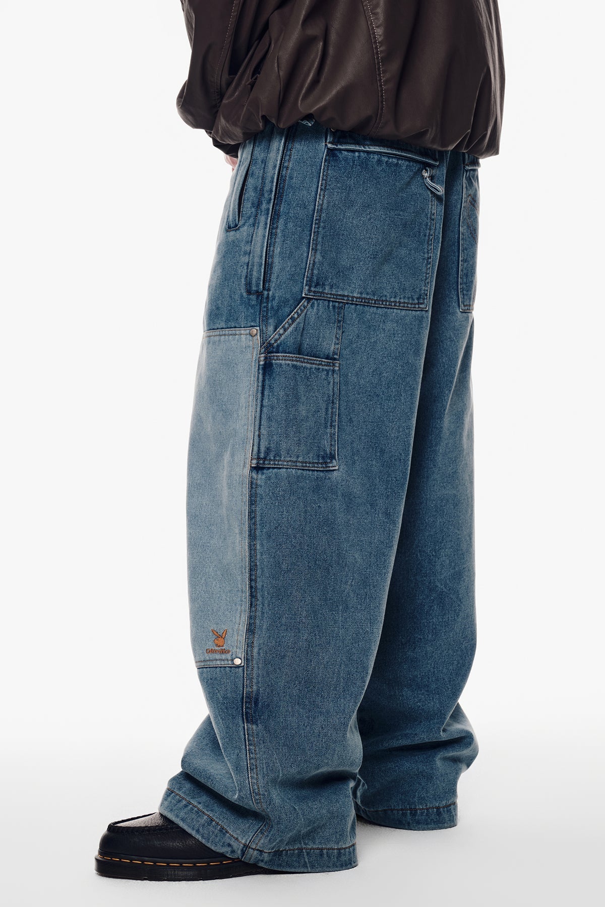 [INVITED] [PLAYBOY x DIMITO] DOUBLE KNEE DENIM PANTS (WIDE FIT LV.2) WASHED BLUE
