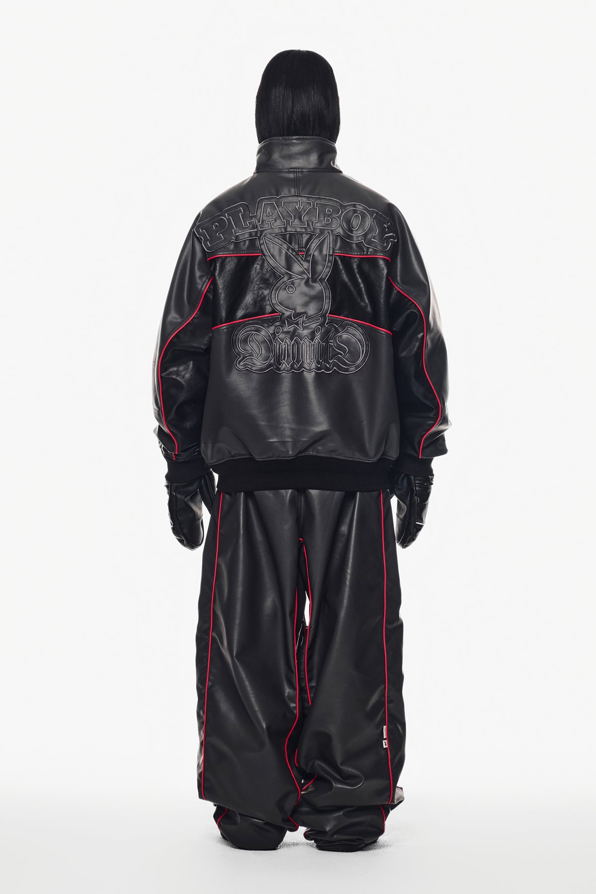 VERT [PLAYBOY x DIMITO] PIPING BANDED FAUX LEATHER PANTS (WIDE FIT LV.2) CEMENT GREY