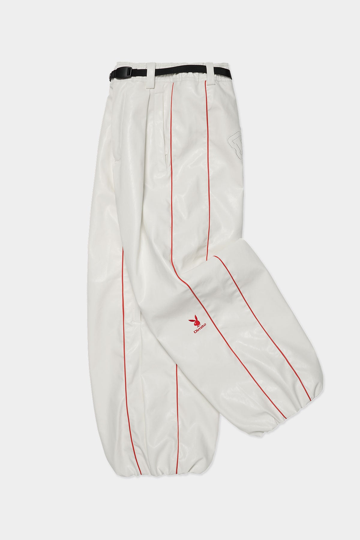 VERT [PLAYBOY x DIMITO] PIPING BANDED FAUX LEATHER PANTS (WIDE FIT LV.2) WHITE