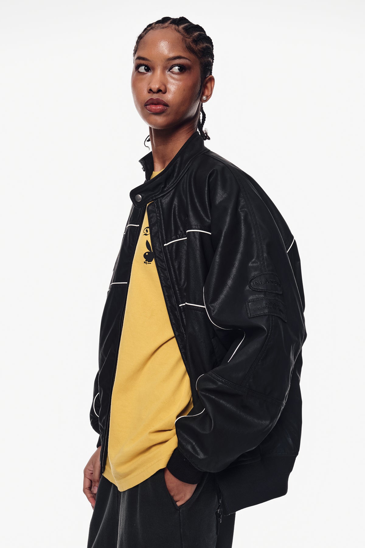 [INVITED] [PLAYBOY x DIMITO] PIPING FAUX LEATHER JACKET BLACK