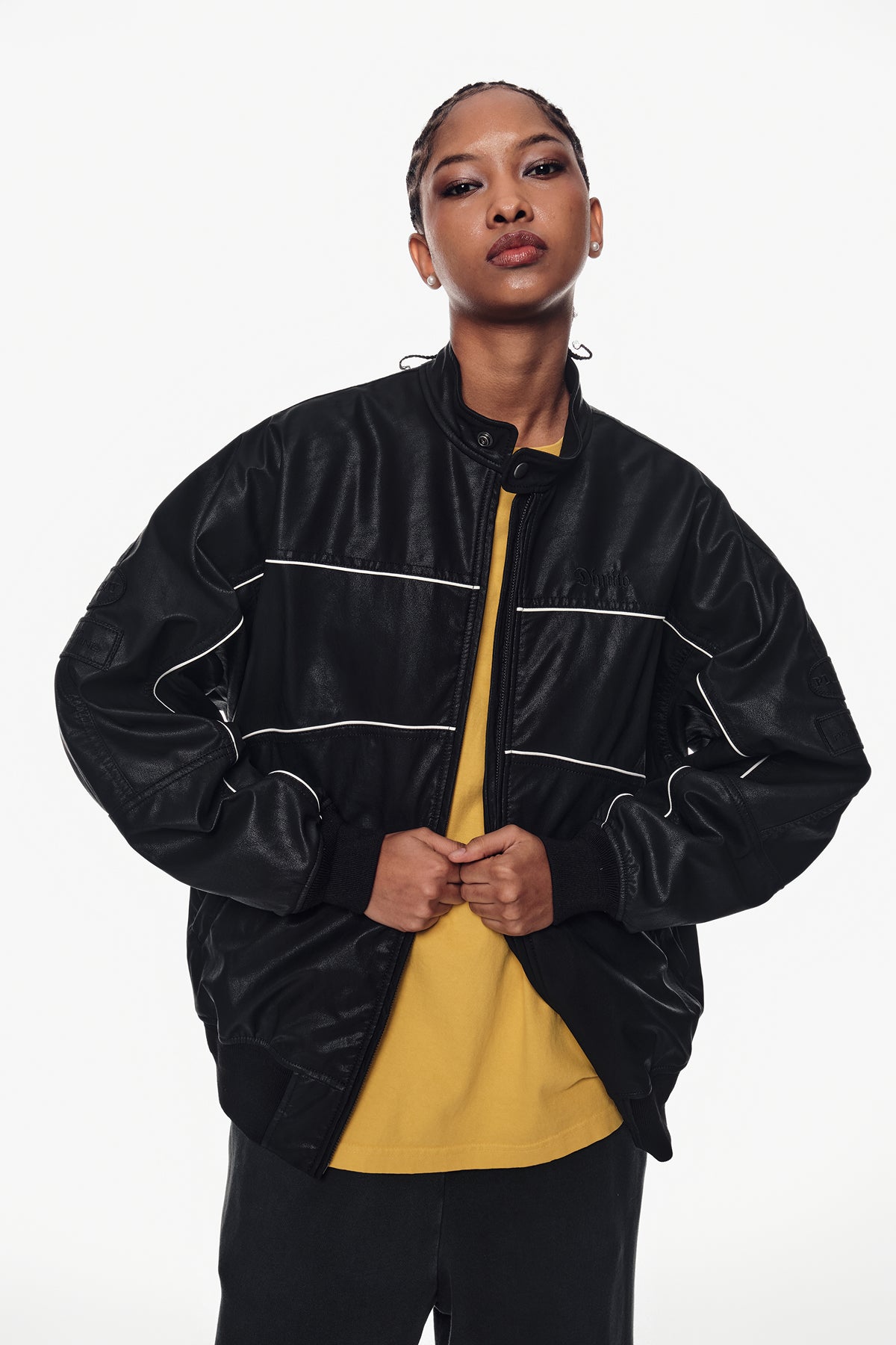 [INVITED] [PLAYBOY x DIMITO] PIPING FAUX LEATHER JACKET BLACK