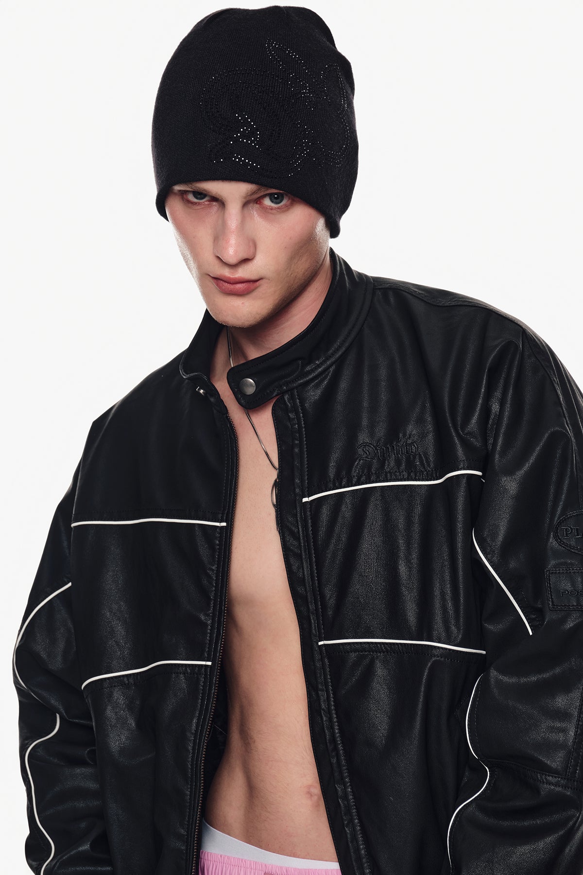 VERT [PLAYBOY x DIMITO] PIPING FAUX LEATHER JACKET BLACK