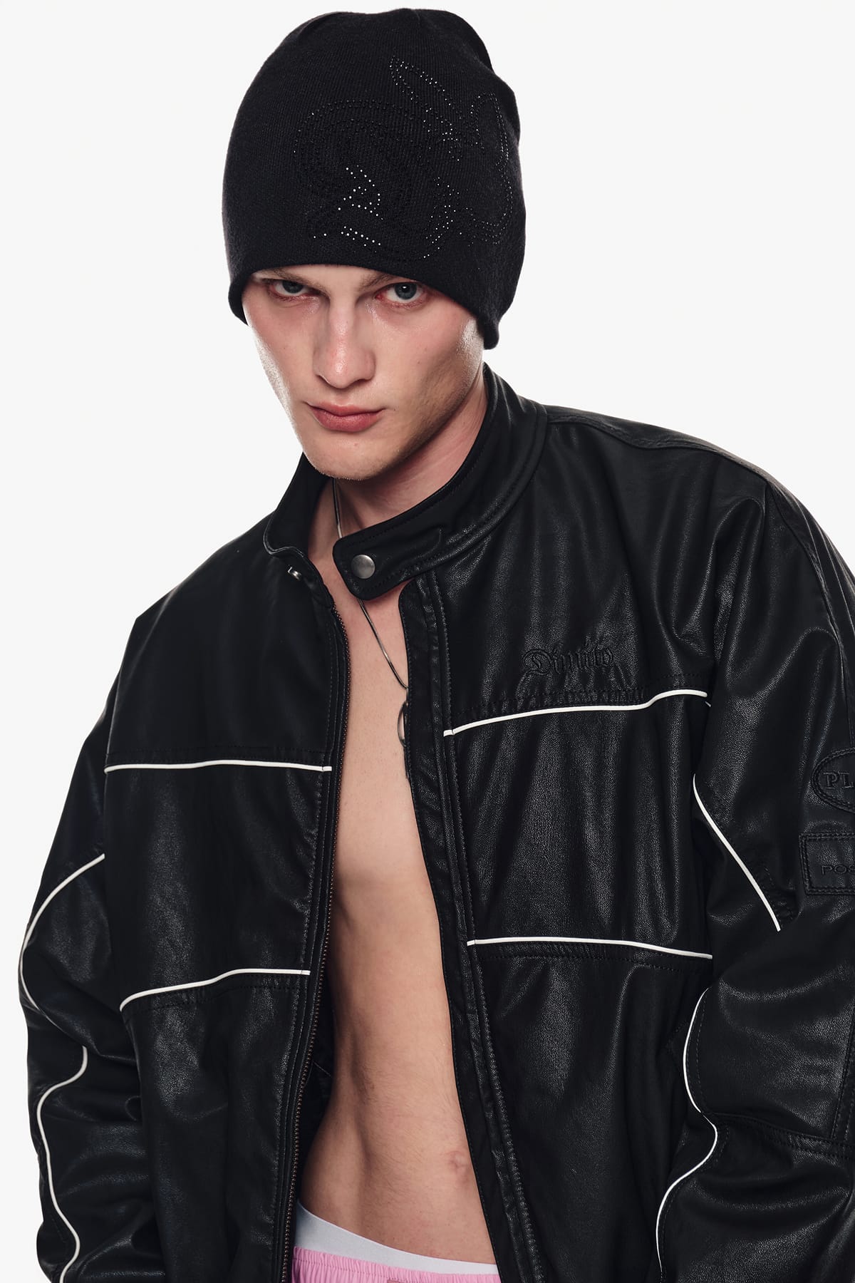 [INVITED] [PLAYBOY x DIMITO] PIPING FAUX LEATHER JACKET BLACK