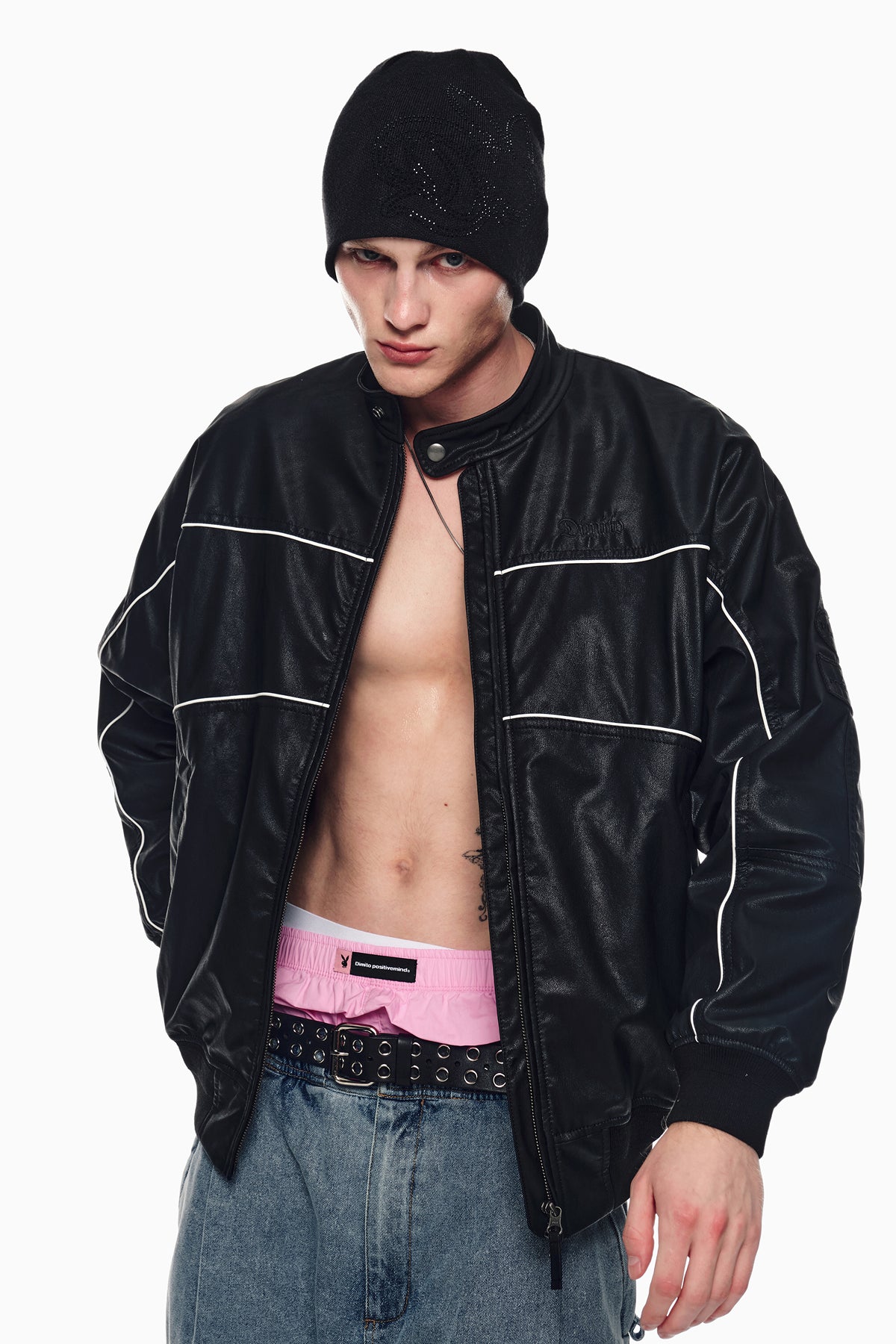 [INVITED] [PLAYBOY x DIMITO] PIPING FAUX LEATHER JACKET BLACK