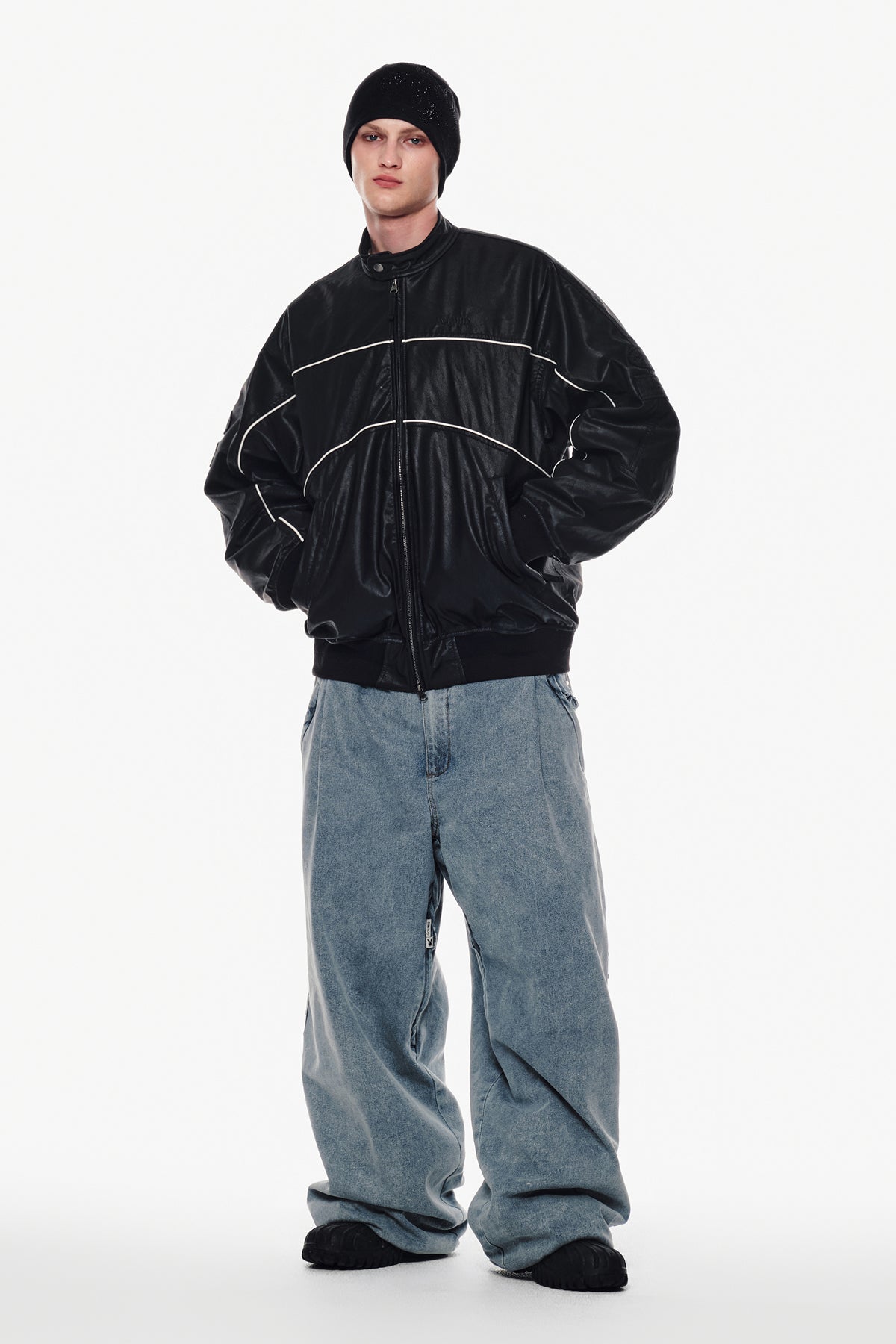 [INVITED] [PLAYBOY x DIMITO] PIPING FAUX LEATHER JACKET BLACK