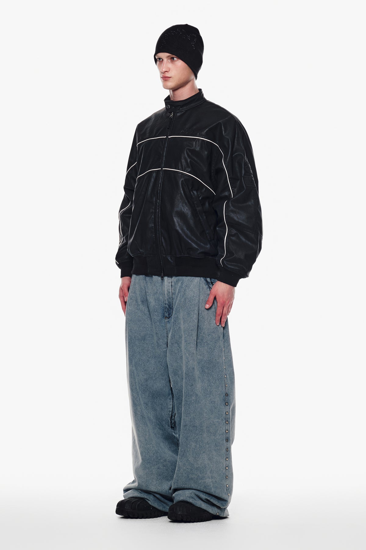 VERT [PLAYBOY x DIMITO] PIPING FAUX LEATHER JACKET BLACK