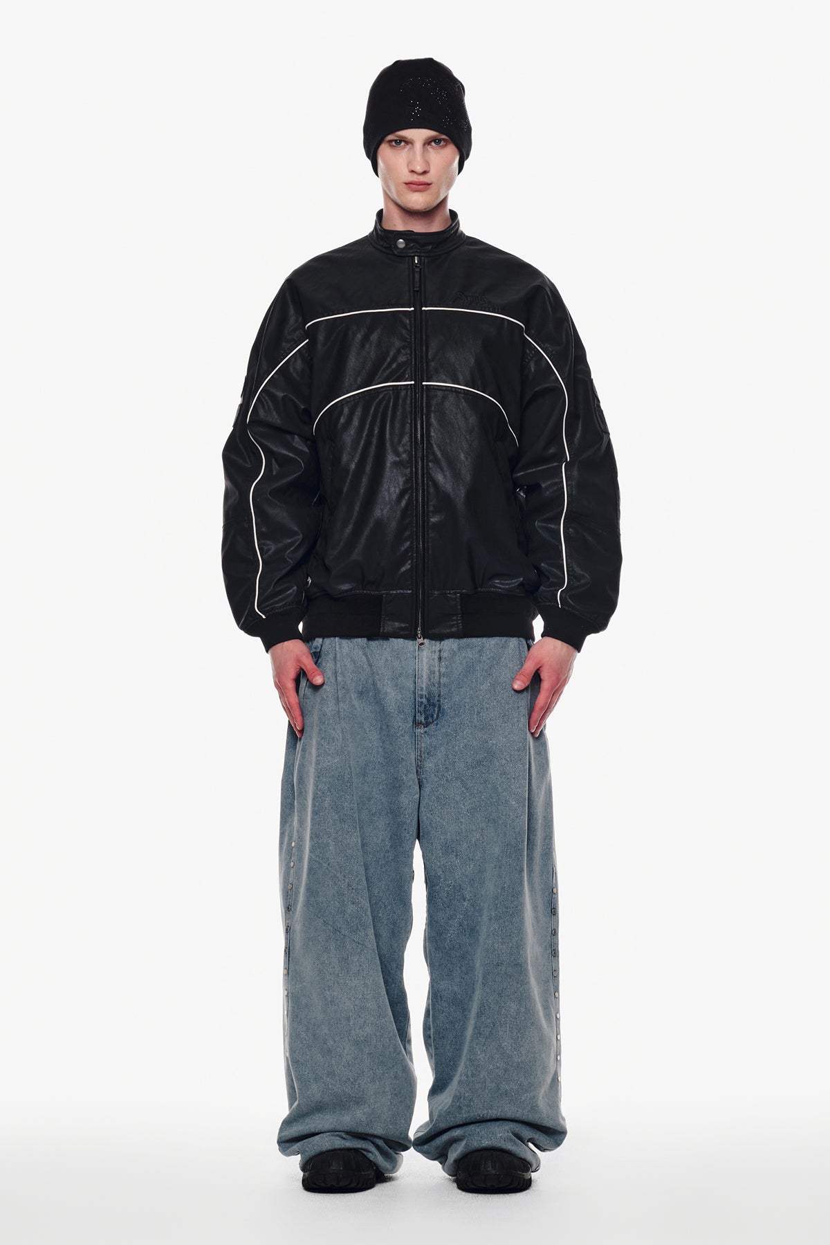 VERT [PLAYBOY x DIMITO] PIPING FAUX LEATHER JACKET BLACK