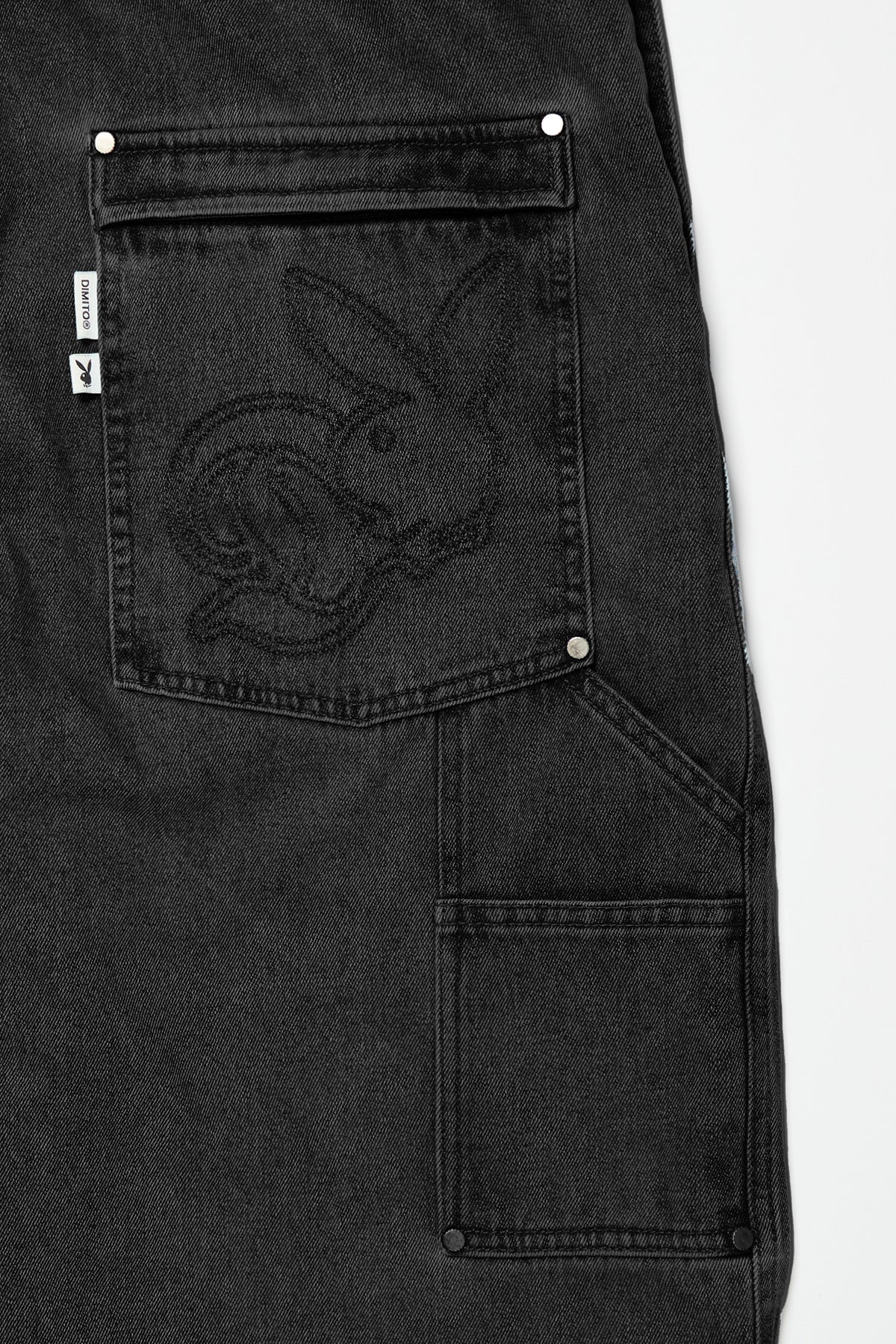 VERT [PLAYBOY x DIMITO] STITCHED TRUCKER BIB DENIM PANTS (WIDE FIT LV.1) WASHED BLACK