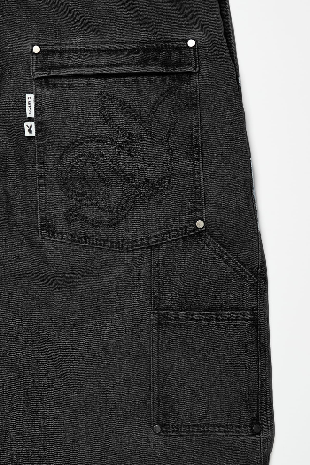 [INVITED] [PLAYBOY x DIMITO] STITCHED TRUCKER BIB DENIM PANTS (WIDE FIT LV.1) WASHED BLACK