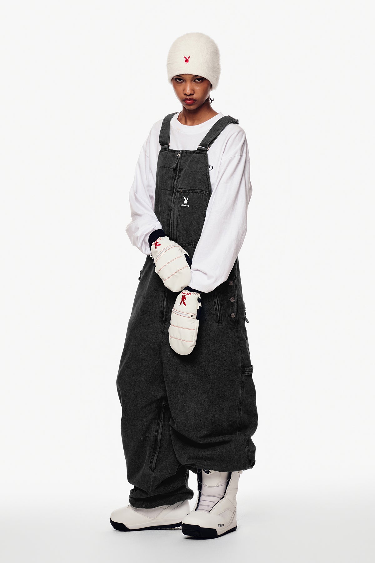 VERT [PLAYBOY x DIMITO] STITCHED TRUCKER BIB DENIM PANTS (WIDE FIT LV.1) WASHED BLACK