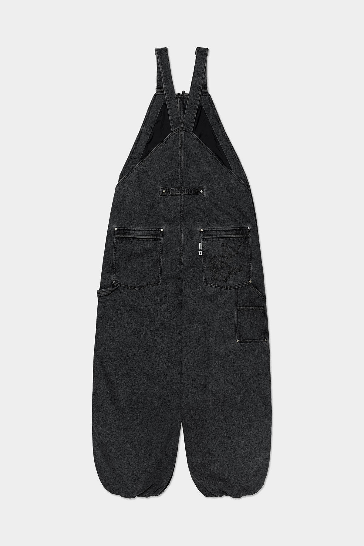 VERT [PLAYBOY x DIMITO] STITCHED TRUCKER BIB DENIM PANTS (WIDE FIT LV.1) WASHED BLACK