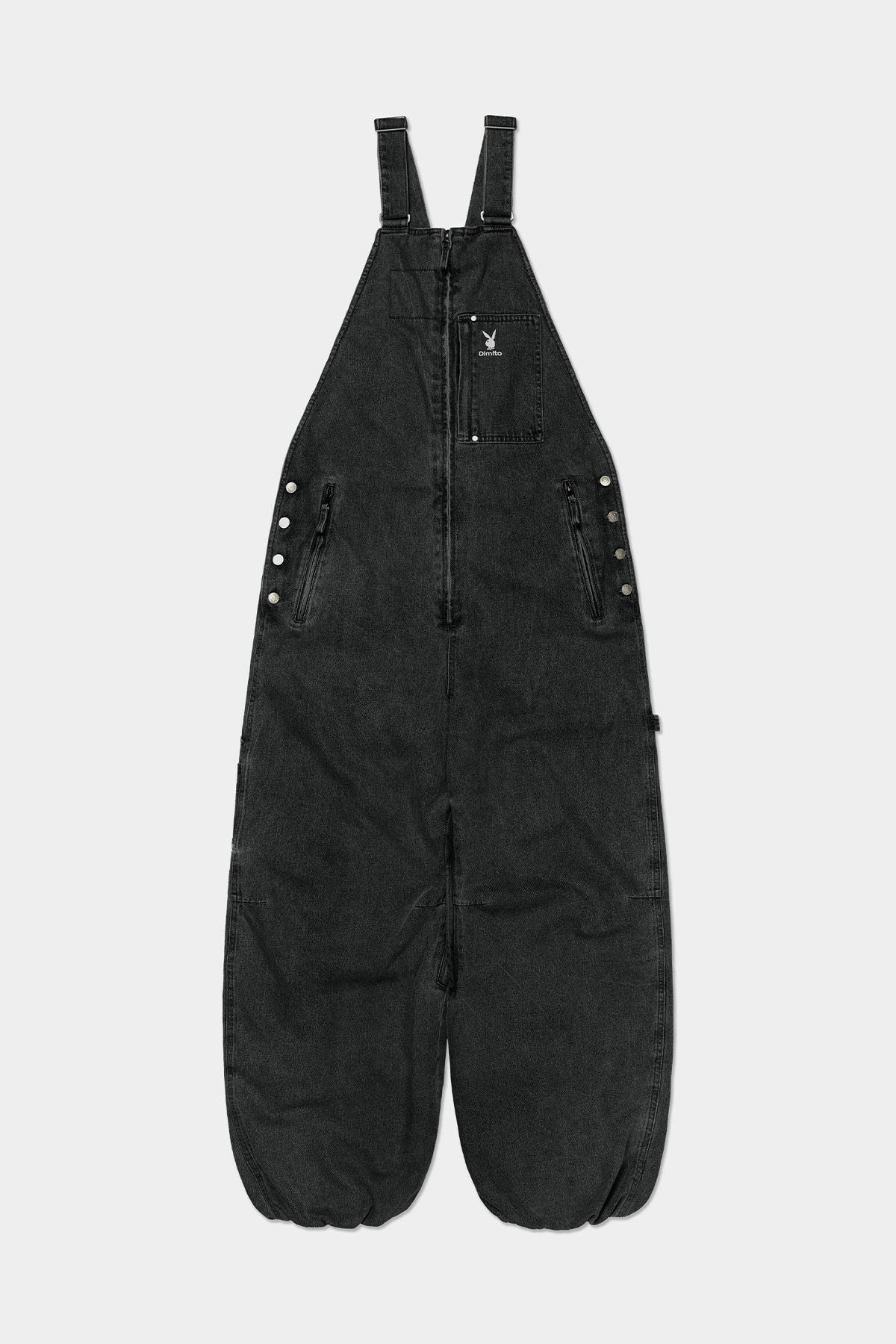 VERT [PLAYBOY x DIMITO] STITCHED TRUCKER BIB DENIM PANTS (WIDE FIT LV.1) WASHED BLACK