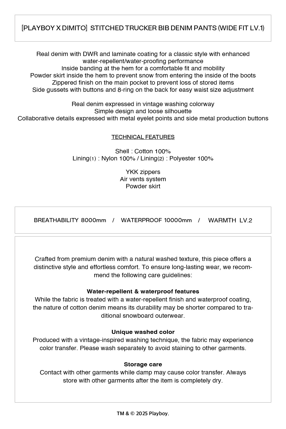 VERT [PLAYBOY x DIMITO] STITCHED TRUCKER BIB DENIM PANTS (WIDE FIT LV.1) WASHED BLACK