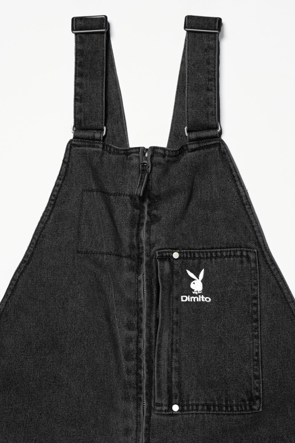 VERT [PLAYBOY x DIMITO] STITCHED TRUCKER BIB DENIM PANTS (WIDE FIT LV.1) WASHED BLUE